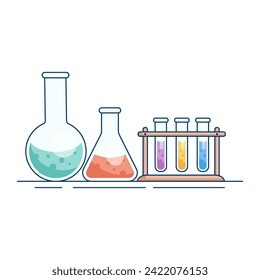 Chemical flasks and test tubes with reagents. Scientific experiment, research. Illustration with modern flat design