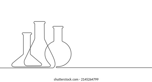 Chemical flasks.Equipment for chemic lab.One line drawing.Vector illustration.