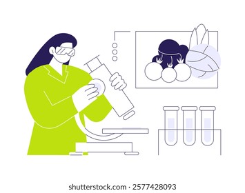 Chemical food hazards abstract concept vector illustration. Laboratory worker studying danger of products using microscope, foodborne diseases, public health medicine abstract metaphor.