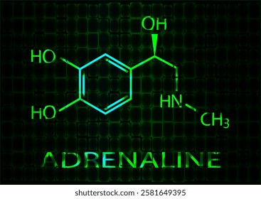 The chemical formula of adrenaline. A neon illustration glowing with green light. Vector EPS 10