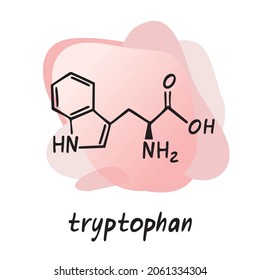 Chemical formula of the amino acid tryptofan is isolated on a grey abstract background. Symbol of an organic compound. Structure of an interchangeable amino acid. Cartoon flat vector illustration.