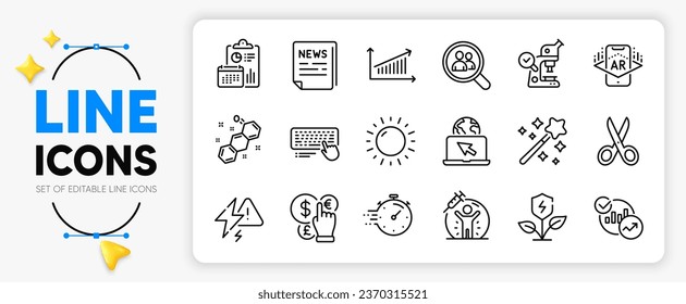 Chemical formula, Augmented reality and Vaccine protection line icons set for app include Fake news, Internet, Eco power outline thin icon. Statistics, Report, Microscope pictogram icon. Vector