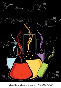 chemical formula background with colorful laboratory flask