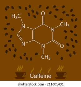 Chemical formula of caffeine with coffee beans and cups of coffee, 2d illustration, vector, eps10