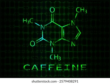 The chemical formula of caffeine. A neon illustration glowing with green light. Vector EPS 10