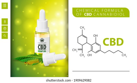 Chemical formula of CBD cannabidiol and CBD oil bottle with pipette. White and green poster for website