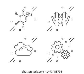 Chemical formula, Cloudy weather and Safe water line icons set. Work sign. Chemistry, Sky climate, Hold drop. Settings. Science set. Line chemical formula outline icon. Vector