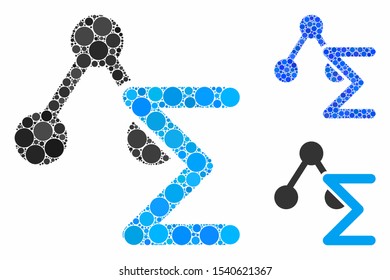 Chemical formula composition of round dots in variable sizes and color hues, based on chemical formula icon. Vector round elements are grouped into blue illustration.