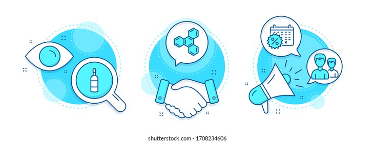 Chemical formula, Couple and Brandy bottle line icons set. Handshake deal, research and promotion complex icons. Calendar discounts sign. Chemistry, Two male users, Whiskey. Shopping. Vector
