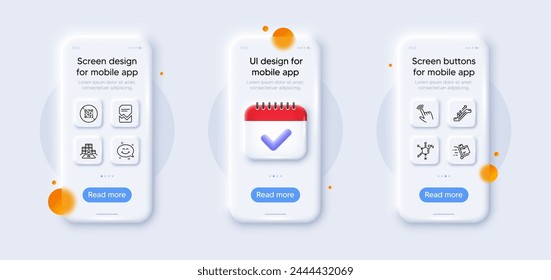 Chemical formula, Cursor and Smile chat line icons pack. 3d phone mockups with calendar. Glass smartphone screen. Inventory, Qr code, Inventory cart web icon. Vector