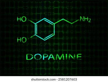 The chemical formula of dopamine. A neon illustration glowing with green light. Vector EPS 10