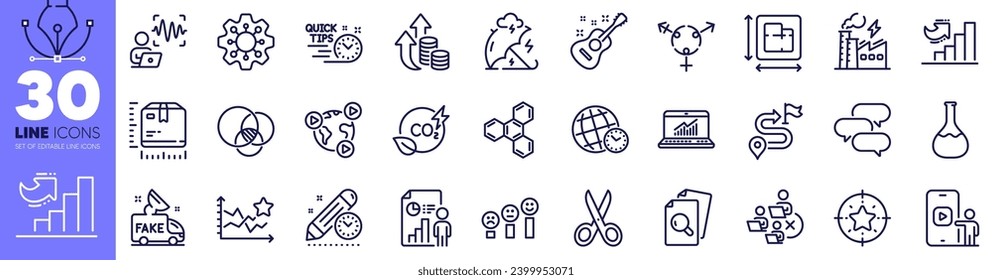 Chemical formula, Euler diagram and Chemistry lab line icons pack. Voice wave, Star target, Quick tips web icon. Guitar, Project deadline, Online statistics pictogram. Co2 gas. Vector
