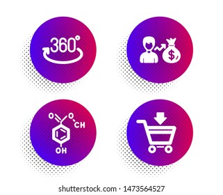 Chemical formula, Full rotation and Sallary icons simple set. Halftone dots button. Online market sign. Chemistry, 360 degree, Person earnings. Shopping cart. Business set. Vector