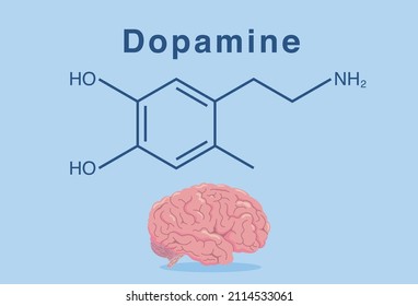 Chemical formula of the hormone dopamine with the pink brain. Concept illustration about Hormones that affect happiness and addiction.