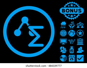 Chemical Formula icon with bonus symbols. Vector illustration style is flat iconic symbols, blue color, black background.
