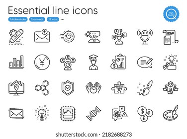 Chemical formula, Message and Work home line icons. Collection of Approved shield, Messenger mail, Cloud computing icons. Graph chart, Idea, Report web elements. Palette, Paint brush. Vector