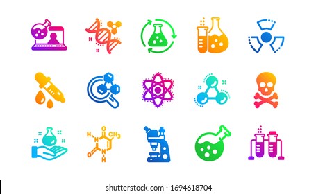 Chemical formula, Microscope and Medical analysis. Chemistry lab icons. Laboratory test flask, reaction tube, chemistry lab icons. Classic set. Gradient patterns. Quality signs set. Vector