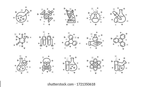 Chemical formula, Microscope and Medical analysis. Chemistry lab line icons. Laboratory test flask, reaction tube, chemistry lab icons. Linear set. Geometric elements. Quality signs set. Vector