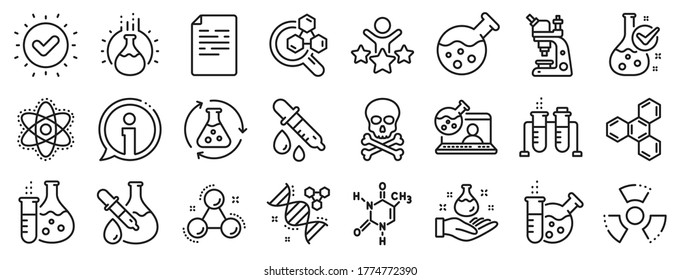 Chemical formula, Microscope and Medical analysis. Chemistry lab line icons. Laboratory test flask, reaction tube, chemistry lab icons. Microscopic research, toxic radiation. Vector