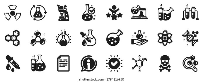 Chemical formula, Microscope and Medical analysis. Chemistry lab icons. Laboratory test flask, reaction tube, chemistry lab icons. Microscopic research, toxic radiation. Vector