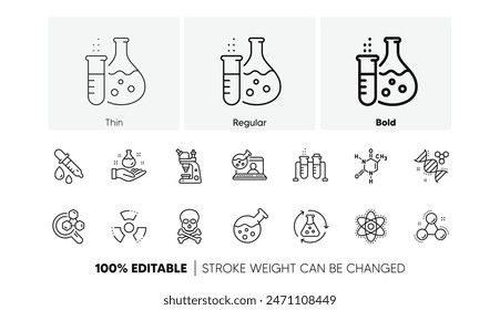 Chemical formula, Microscope and Medical analysis. Chemistry lab line icons. Laboratory test flask, reaction tube, chemistry lab icons. Linear set. Line icons set. Vector