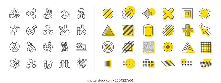 Chemical formula, Microscope and Medical analysis. Design shape elements. Chemistry lab line icons. Laboratory test flask, reaction tube, chemistry lab icons. Vector