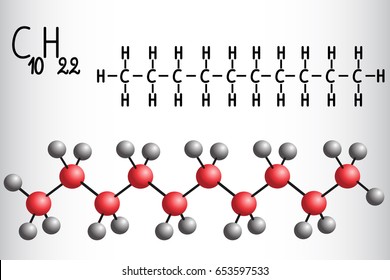 Chemical formula and molecule model of Decane C10H22. Vector illustration 