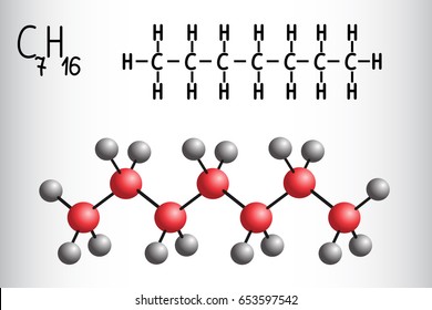 Chemical formula and molecule model of Heptane C7H16. Vector illustration 