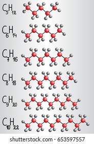 Chemical formula and molecule model of Homologous series of alkanes. Vector illustration 