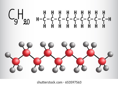 Chemical formula and molecule model of Nonane C9H20. Vector illustration 