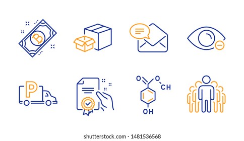 Chemical formula, Myopia and Certificate line icons set. Bitcoin, Packing boxes and Truck parking signs. New mail, Group symbols. Chemistry, Eye vision. Business set. Vector
