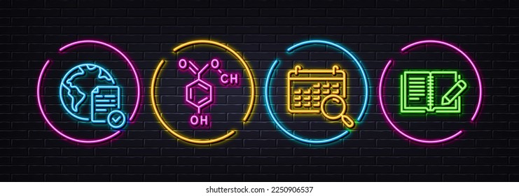 Chemical formula, Online voting and Search calendar minimal line icons. Neon laser 3d lights. Feedback icons. For web, application, printing. Chemistry, Internet poll, Find date. Vector