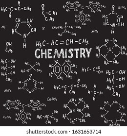 Chemical formula and outlines on the blackboard. Vector hand drawn  Seamless abstract background. Scientific and educational background