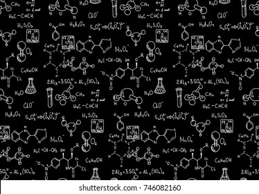 Chemical formula and outlines on blackboard. Vector seamless pattern. Scientific  and education background. 