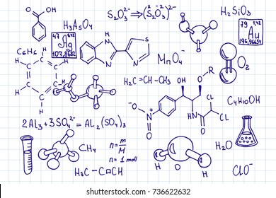 Chemical formula and outlines on notebook sheet. Education vector background. Retro school  notation.