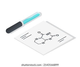 Chemical formula and pipette. Flask with blue substance and structure of reagent. Chemical experiments and science. Development of drug or cosmetic product. Cartoon isometric vector illustration