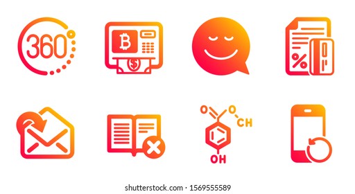 Chemical formula, Receive mail and Bitcoin atm line icons set. Credit card, 360 degrees and Smile signs. Reject book, Recovery phone symbols. Chemistry, Incoming message. Technology set. Vector