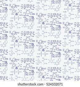 Chemical formula and scheme on notebook page. Vector seamless pattern. Education background.