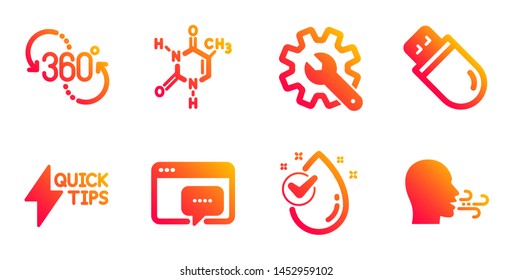 Chemical formula, Seo message and Water drop line icons set. Quickstart guide, Usb stick and 360 degree signs. Customization, Breathing exercise symbols. Chemistry, Support chat. Science set. Vector