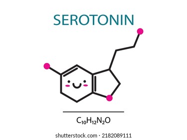 Chemical formula of serotonin with happy kawaii face, vector illustration