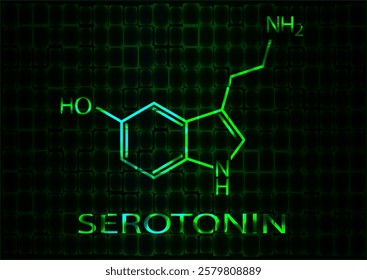 The chemical formula of serotonin. A neon illustration glowing with green light. Vector EPS 10