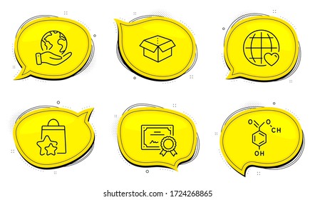 Chemical formula sign. Diploma certificate, save planet chat bubbles. Open box, International love and Loyalty points line icons set. Delivery package, Internet dating, Bonus bags. Chemistry. Vector