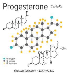 Chemical formula, structure and model of the progesterone molecule, vector illustration