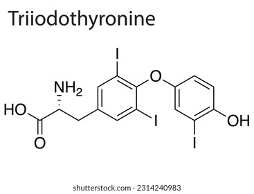 A Chemical formula structure of triiodothyronine on white background