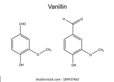 Chemical formula of vanillin molecule (flavor enhancer), 2D illustration, vector, isolated on white
