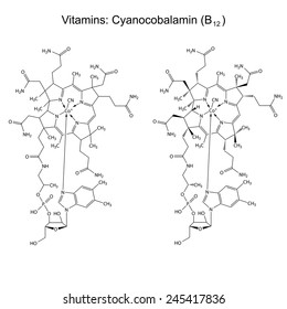 Chemical formula of vitamin B12 - cyanocobalamin, 2d illustration, isolated, vector, eps 8