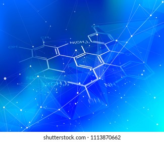 chemical formulas & blue abstract illustration of a digital world - a color defocused background and a digital wave. It symbolizes the  network technologies, cloud technologies, Internet, innovations