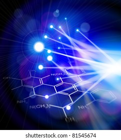 Chemical formulas & blue technology background with flashes of light from a fiber optic cable. Science illustration. Eps10