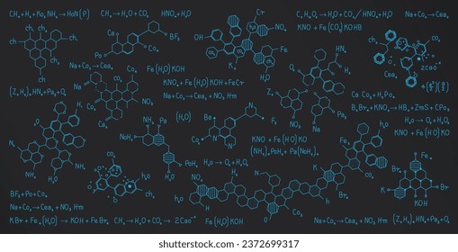 Chemical formulas drawn with blue chalk on a blackboard.