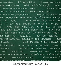 Chemical formulas drawn  on a green chalkboard for the background.  Vector illustration.